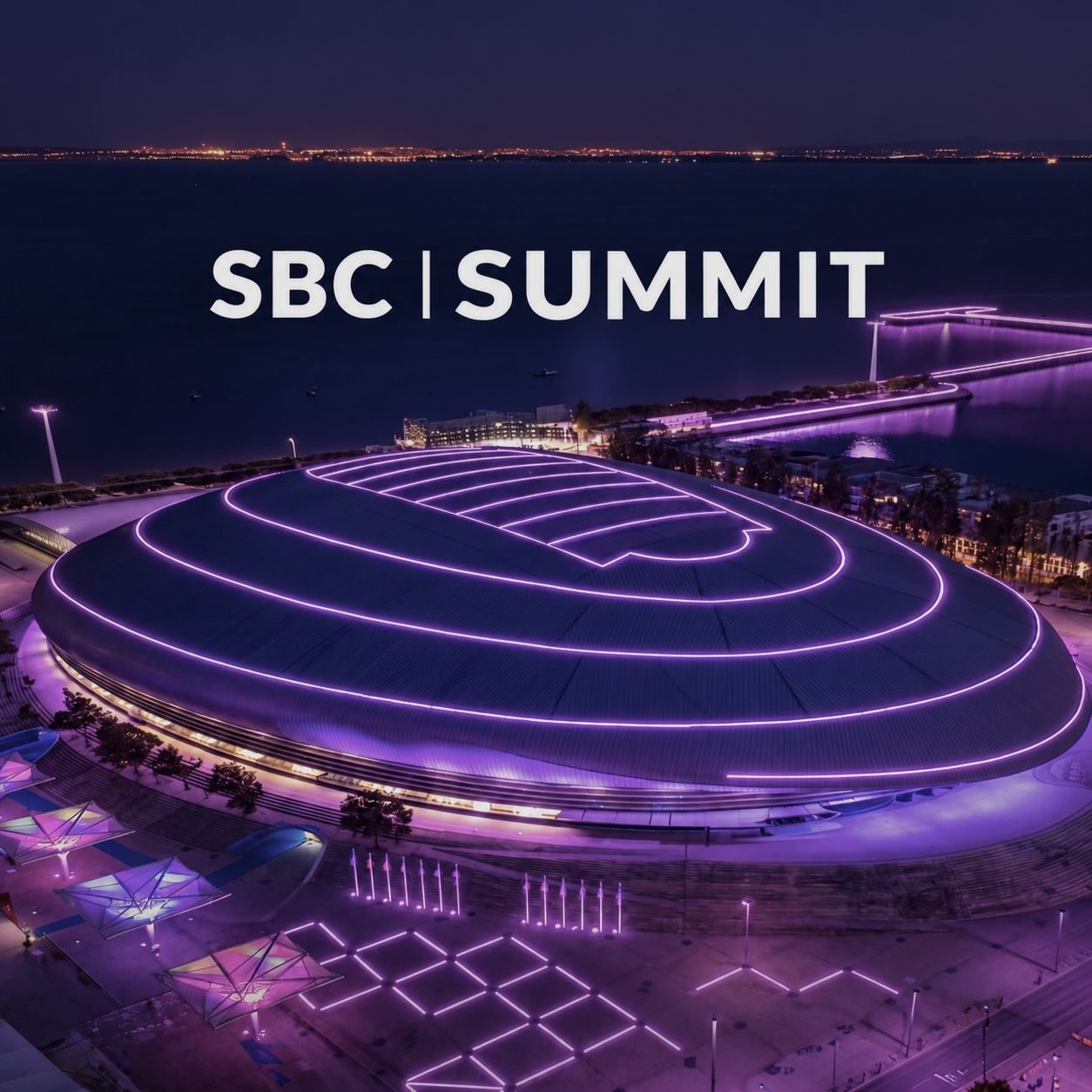 SBC Summit Lisbon 2026 arena lit in purple neon on the waterfront